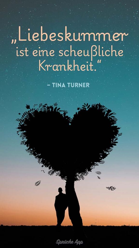 Mann, der im Sonnenuntergang vor einem Baum steht, der eine Herzform hat und Zitat darüber: „Liebeskummer ist eine scheußliche Krankheit.“ von Tina Turner