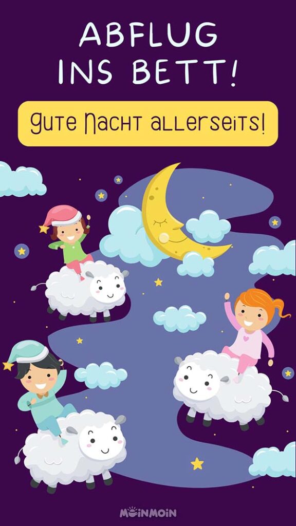 Illustrierte Menschen, die auf Schafen am Nachthimmel schweben mit gute Nacht Gruß darüber: „Abflug ins Bett! Gute Nacht allerseits!"