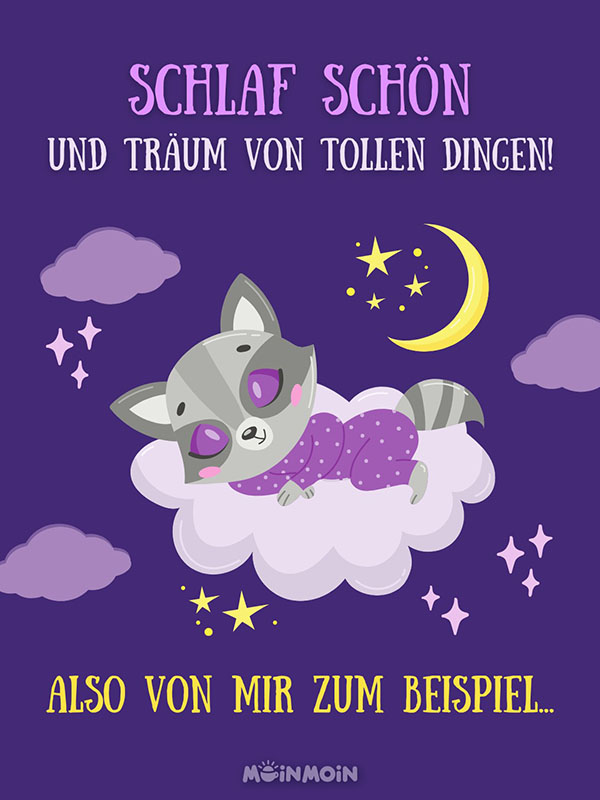 Illustrierte Katze, die auf einer Wolke schläft mit gute Nacht Gruß: „Schlaf schön und träum von tollen Dingen! Also von mir zum Beispiel... “