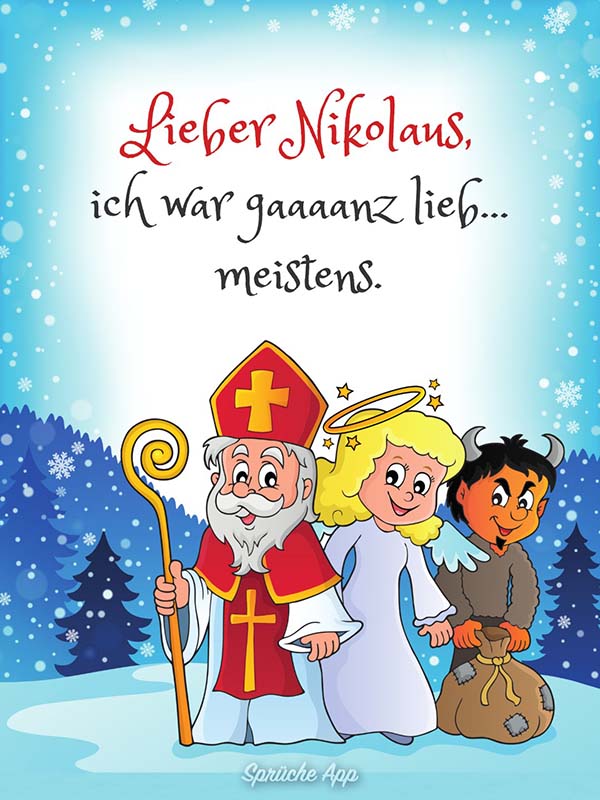 Illustrierter Nikolaus und daneben ein illustrierter Engel und Teufel mit Spruch darüber: „Lieber Nikolaus, ich war gaaaanz lieb… meistens.“