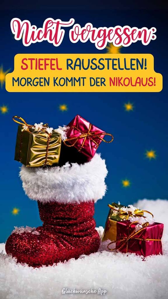 Kleiner Deko-Nikolausstiefel mit Geschenken darin und Text darüber: „Nicht vergessen: Stiefel rausstellen! Morgen kommt der Nikolaus!"