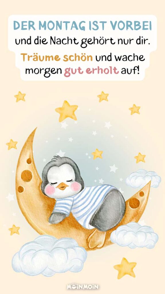 Illustrierter Pinguin, der auf einem Halbmond schläft darüber der Text: „Der Montag ist vorbei und die Nacht gehört nur dir. Träume schön und wache morgen gut erholt auf!“