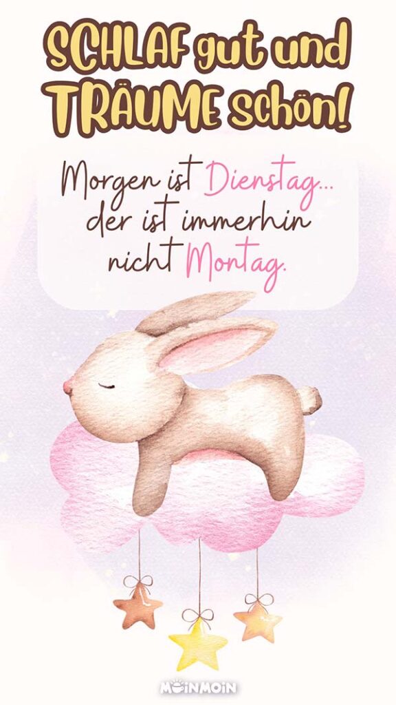 Illustrierter Hase aus Wasserfarben, der auf einer rosa Wolke am Himmel schläft mit Text darüber: „Schlaf gut und träume schön! Morgen ist Dienstag... der ist immerhin nicht Montag.“