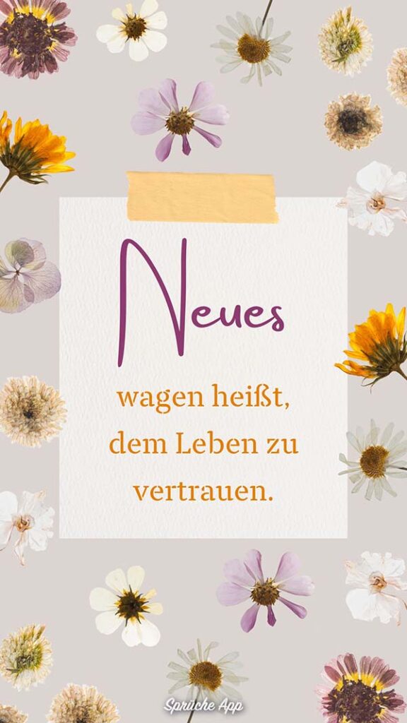 Getrocknete Blumen und Notizzettel in der Mitte auf dem der Spruch steht: „Das Leben bietet unendlich viele Neuanfänge.“