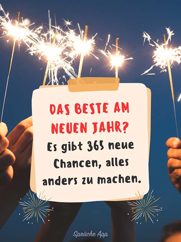 Menschen, die Spritzkerzen in den Nachthimmel halten und Vorsätze in der Mitte: „Das Beste am neuen Jahr? Es gibt 365 neue Chancen, alles anders zu machen.“