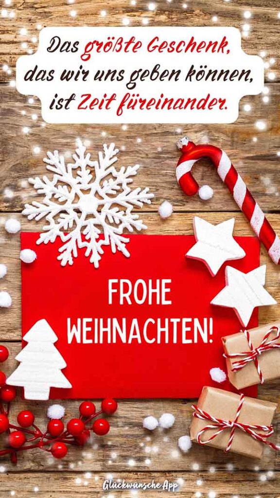 Weihnachtskarte auf der "Frohe Weihnachten!" steht und darüber die Grüße: „Das größte Geschenk, das wir uns geben können, ist Zeit füreinander. Frohe Weihnachten!“