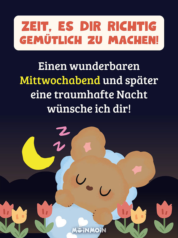 Illustrierter Hase, der schläft mit Spruch darüber: „Zeit, es dir richtig gemütlich zu machen! Einen wunderbaren Mittwochabend und später eine traumhafte Nacht wünsche ich dir!“