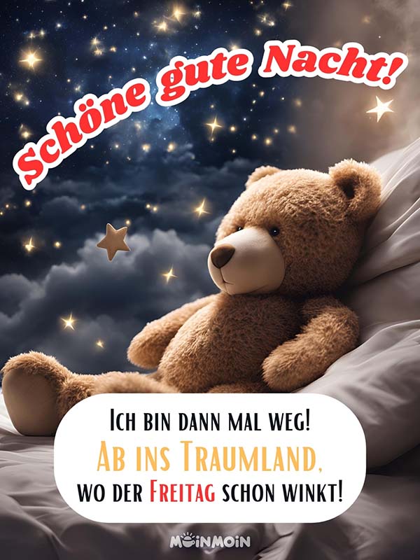 Teddybär, der im Bett liegt und dahinter ein Sternenhimmel mit den Grüßen: „Schöne gute Nacht! Ich bin dann mal weg! Ab ins Traumland, wo der Freitag schon winkt!“